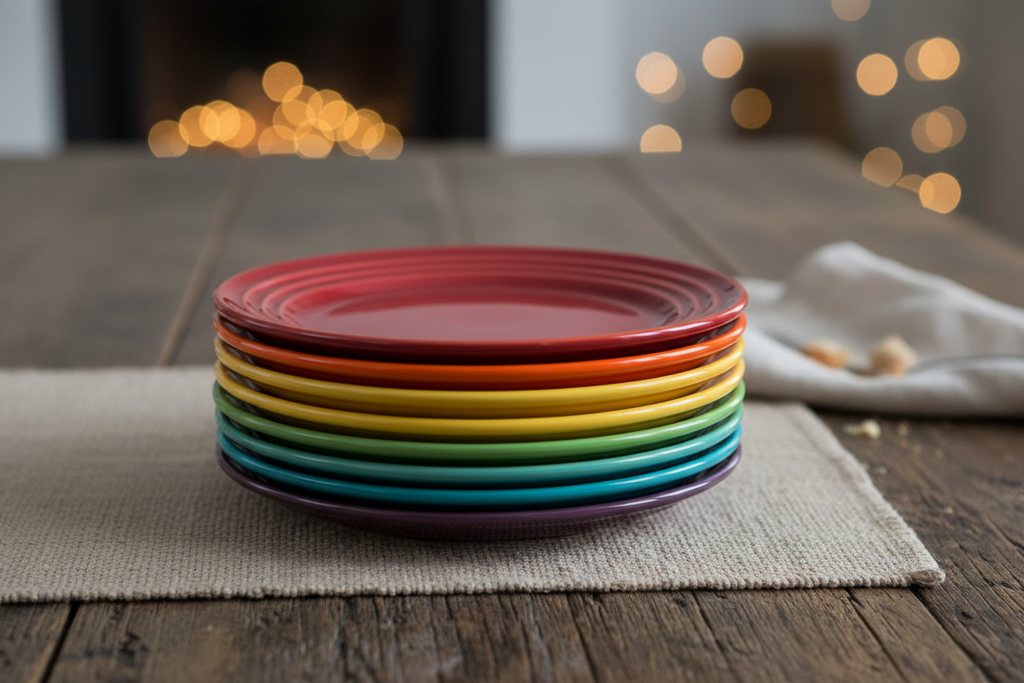 Le Creuset rainbow tea plates stacked on a rustic wooden table