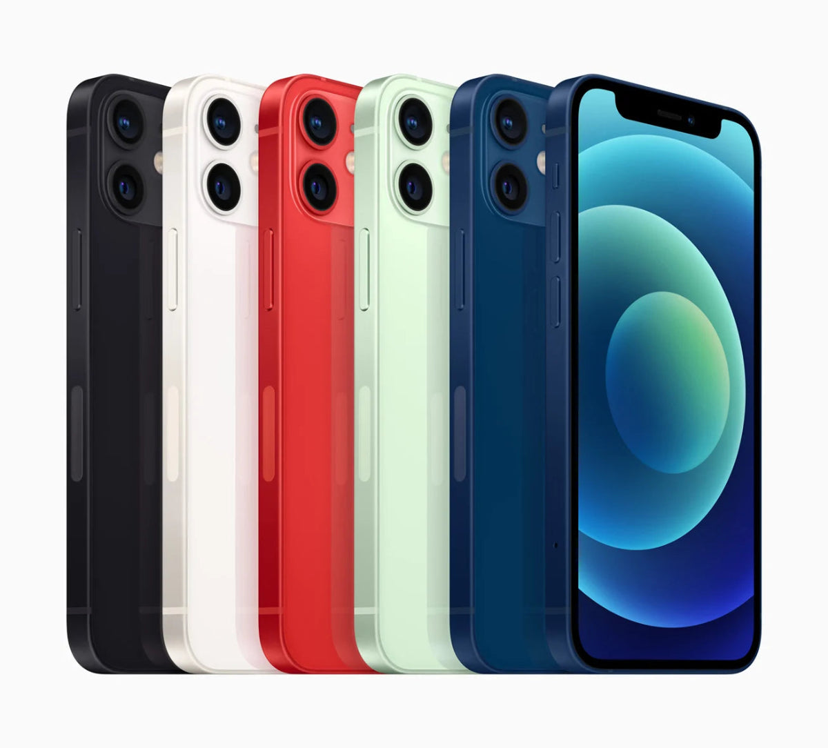 Apple iPhone 12 in five colours — Black, White, Red, Green, and Blue