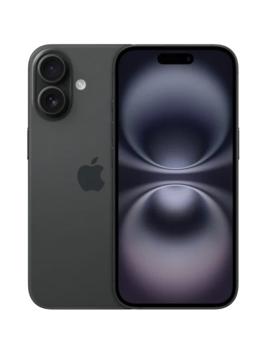 Apple iPhone 16 in Black showing front and back design with dual camera system