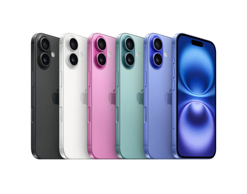Apple iPhone 16 available in Black, White, Pink, Teal, Ultramarine, and Blue colour options