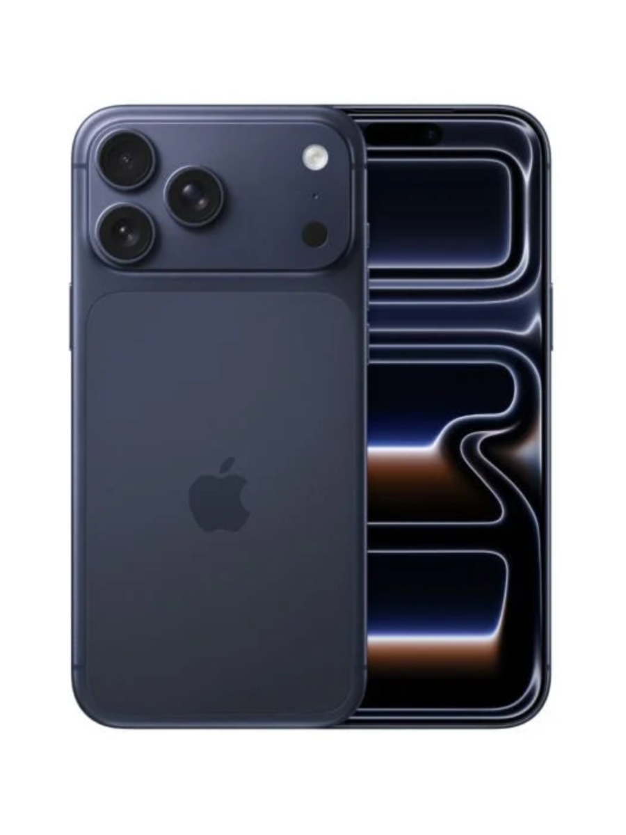 iPhone 17 Pro in Deep Blue, front and back view