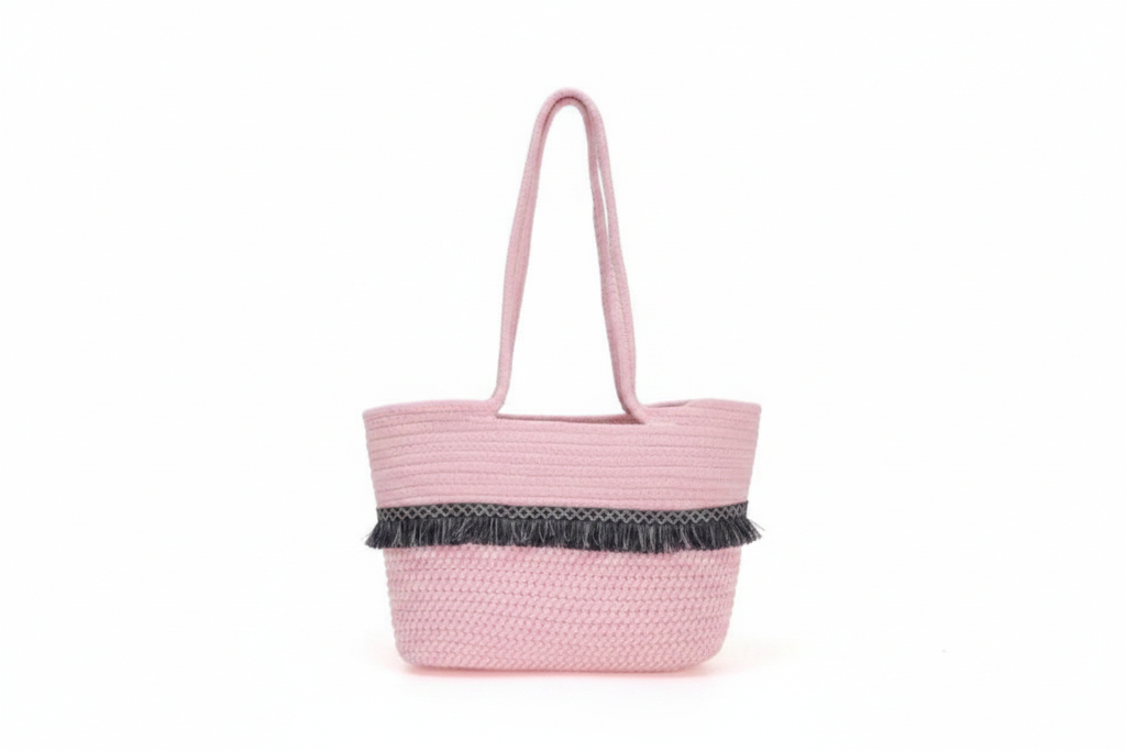 Pink Boho Fringe Straw Tote Bag