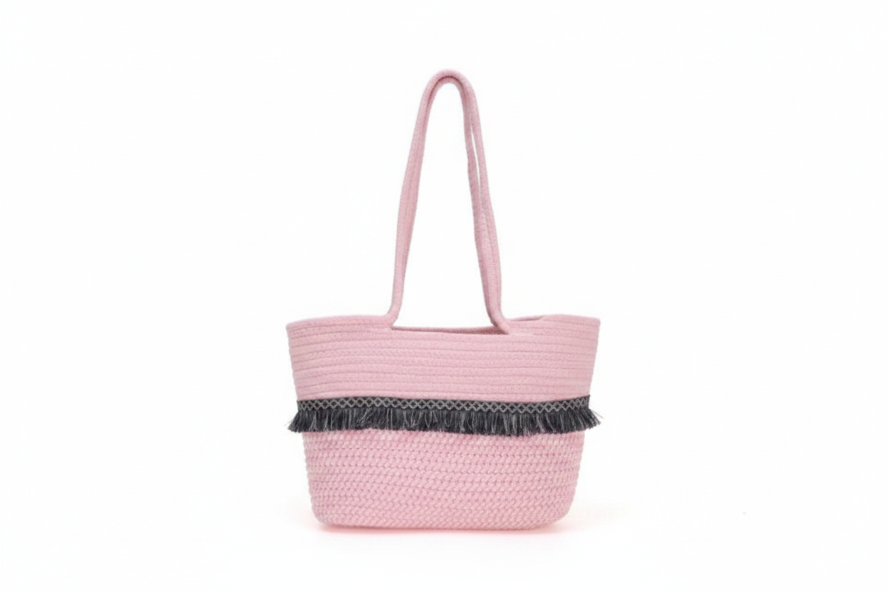 Pink Boho Fringe Straw Tote Bag