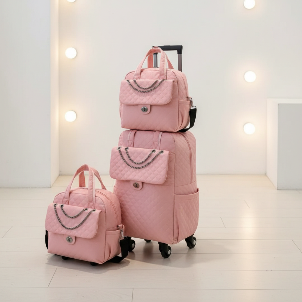 Pink quilted travel bag set