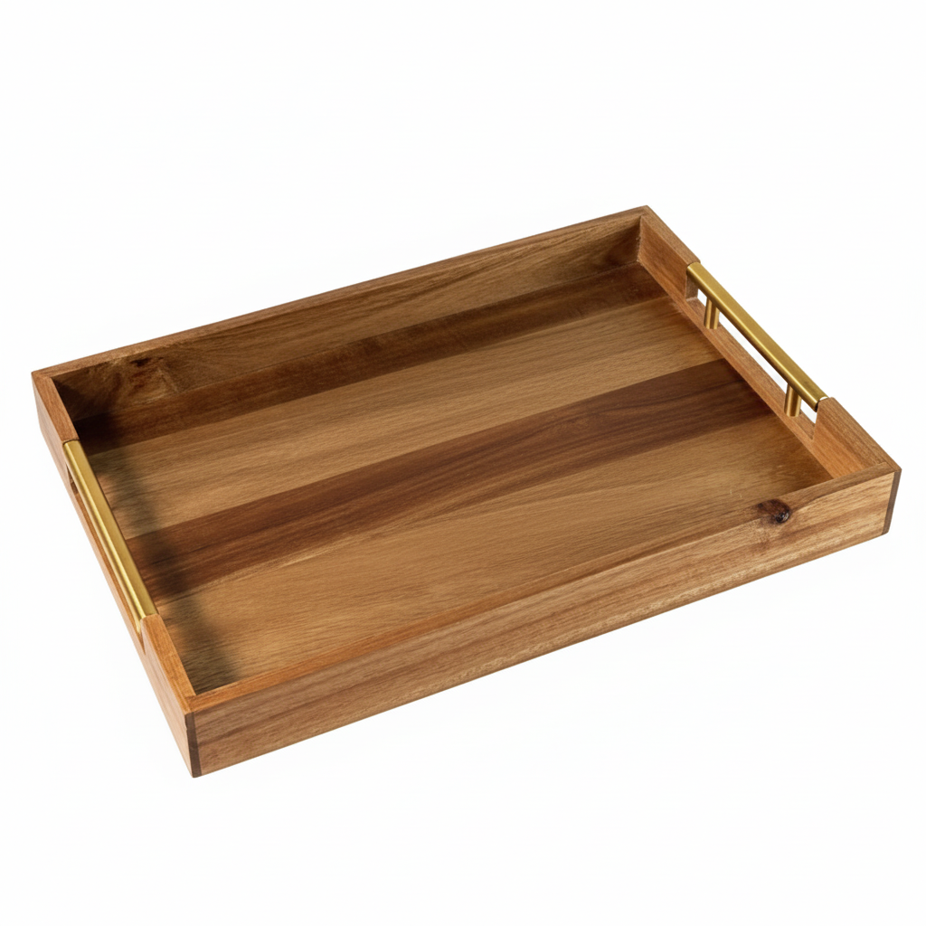 Wooden Serving Tray with Gold Handles on White Background